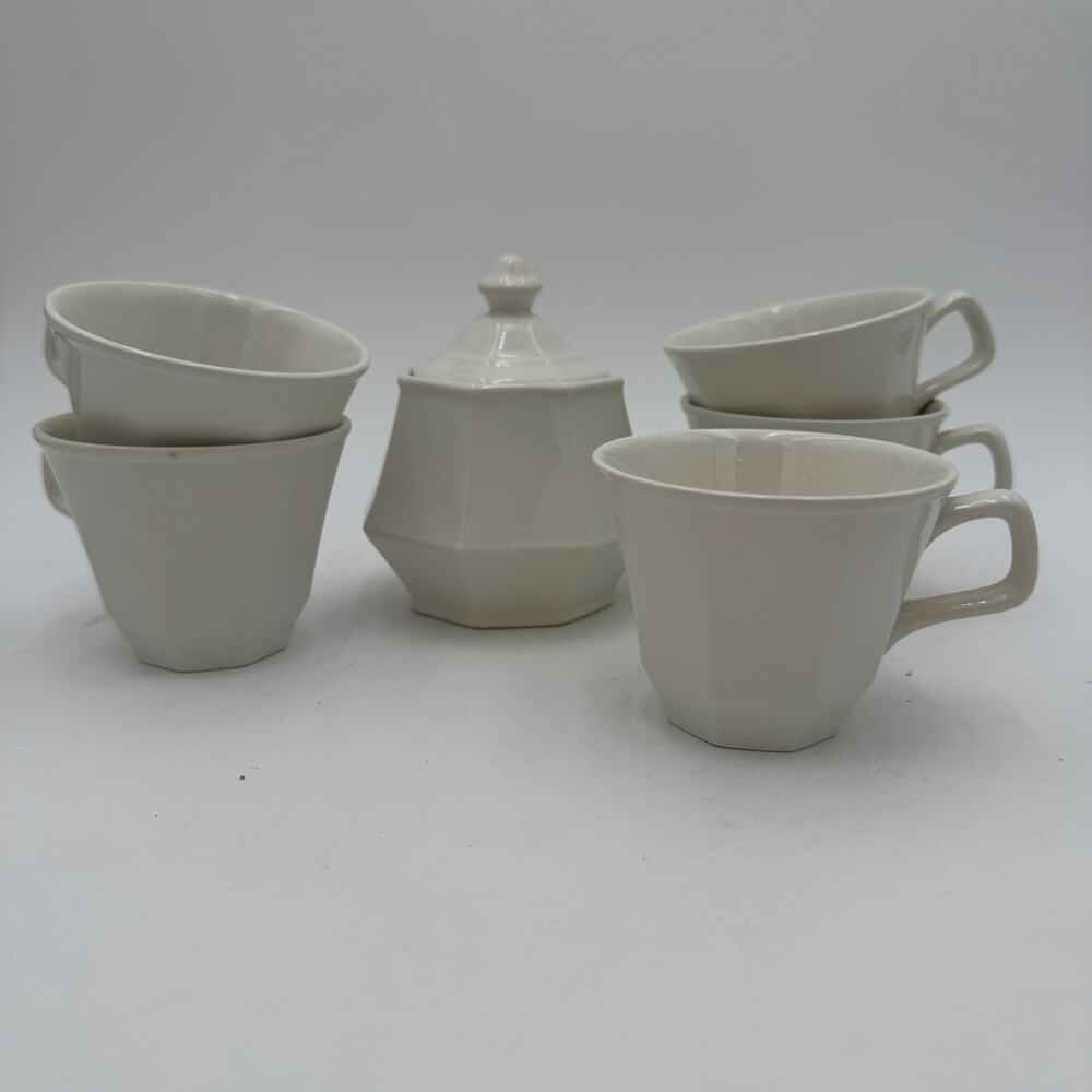 Vintage Sugar Bowl and 5 Coffee Cups Colonial White by Homer Laughlin 7 pcs